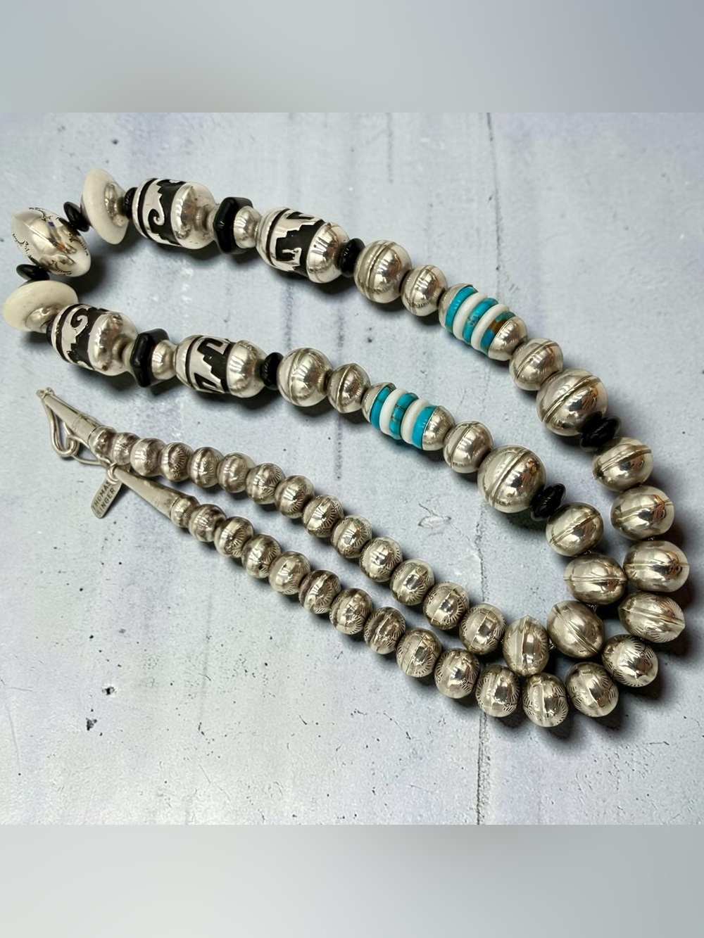 Thomas Singer Navajo Sterling Silver Turquoise Onyx MOP Bead Necklace 24” 74gram - Picture 15 of 17
